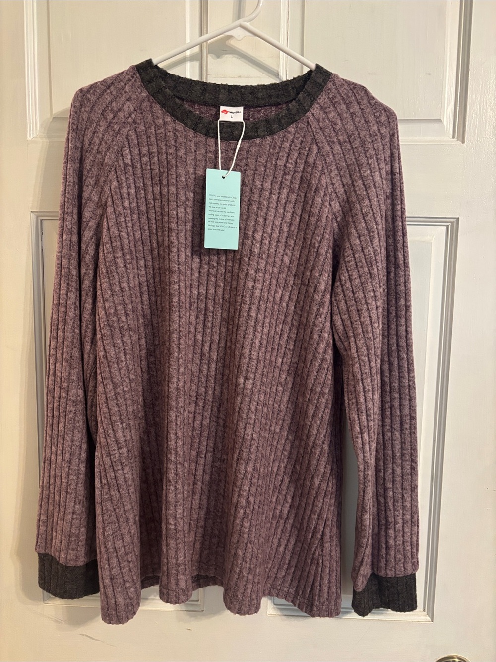 Ribbed Crewneck Top in Mauve with Charcoal Trim super soft